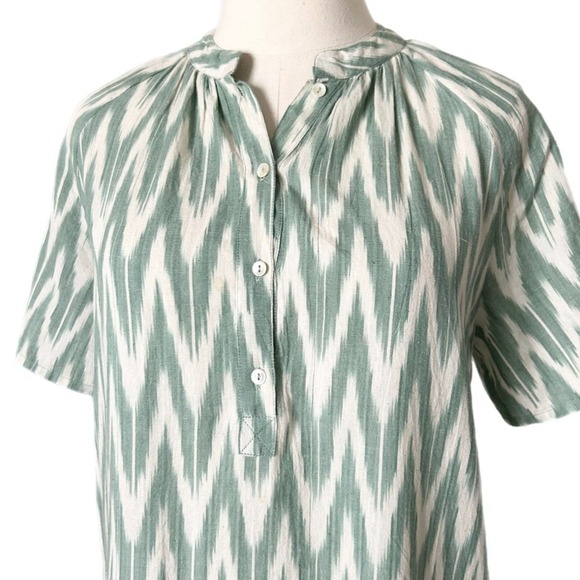 Oliphant Green White Ikat Cotton V-Neck Mini Shift Dress Pockets Short Sleeve XS - Picture 3 of 6